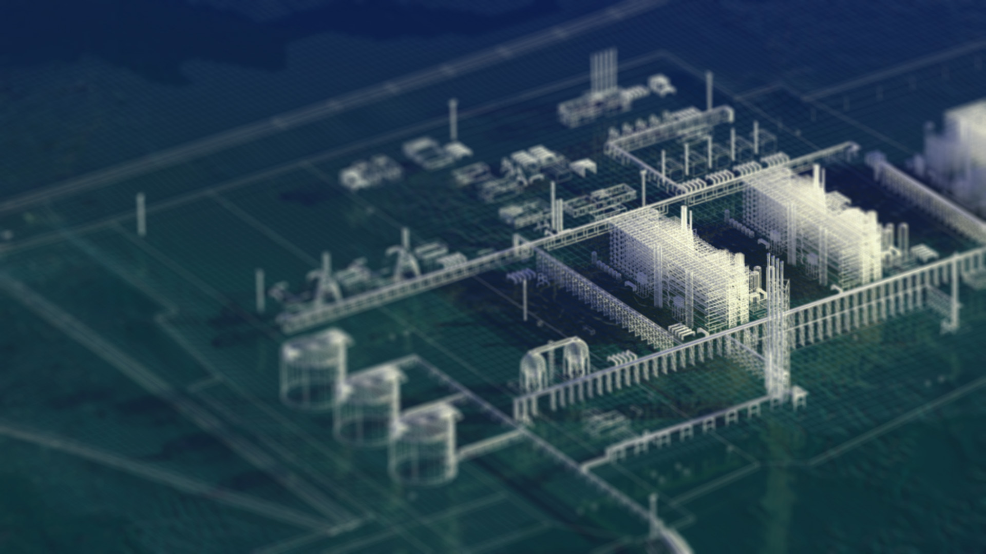 white drawing on a blue-green background of a power plant  infrastructure
