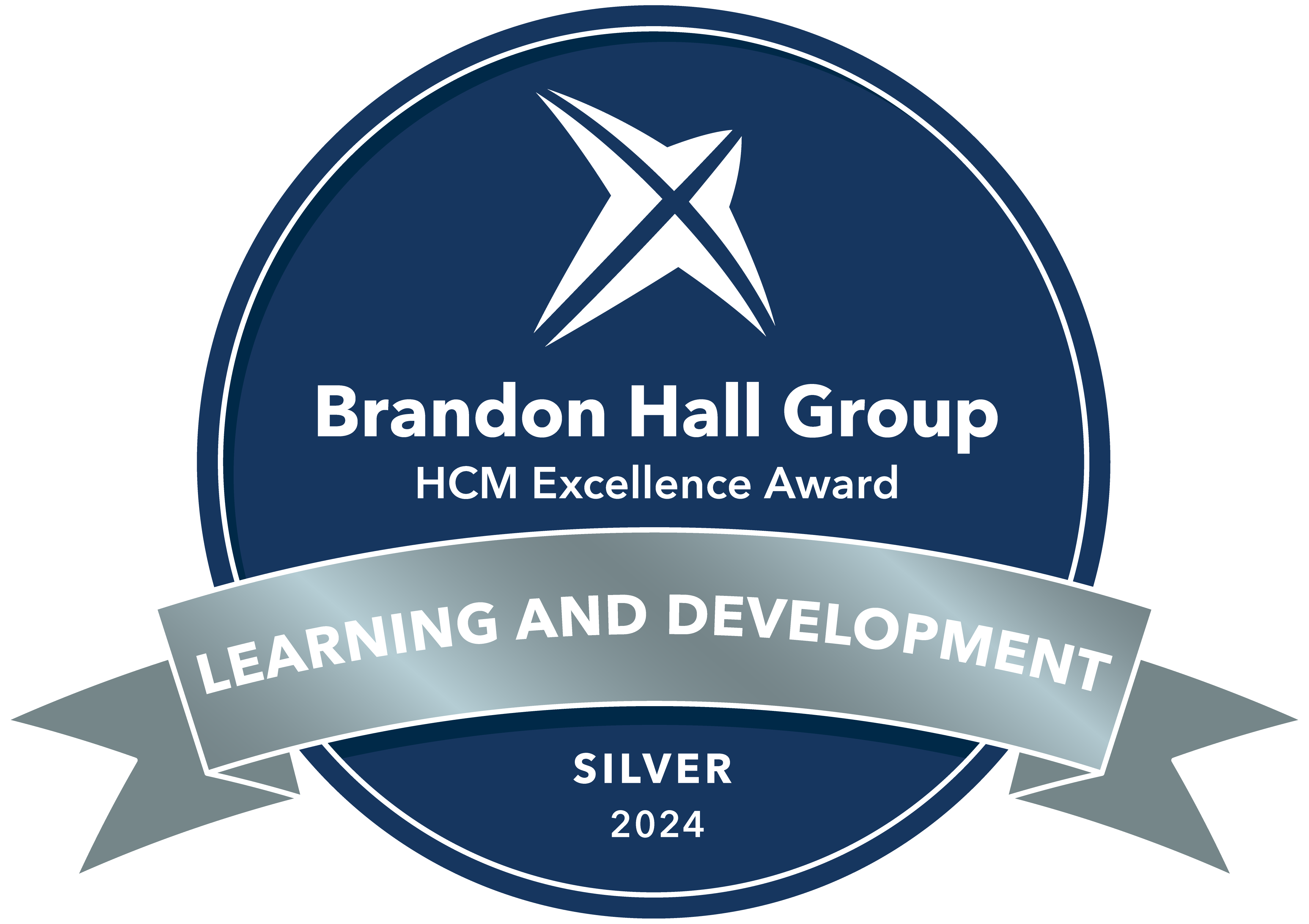 Award badge, blue circle with silver ribbon