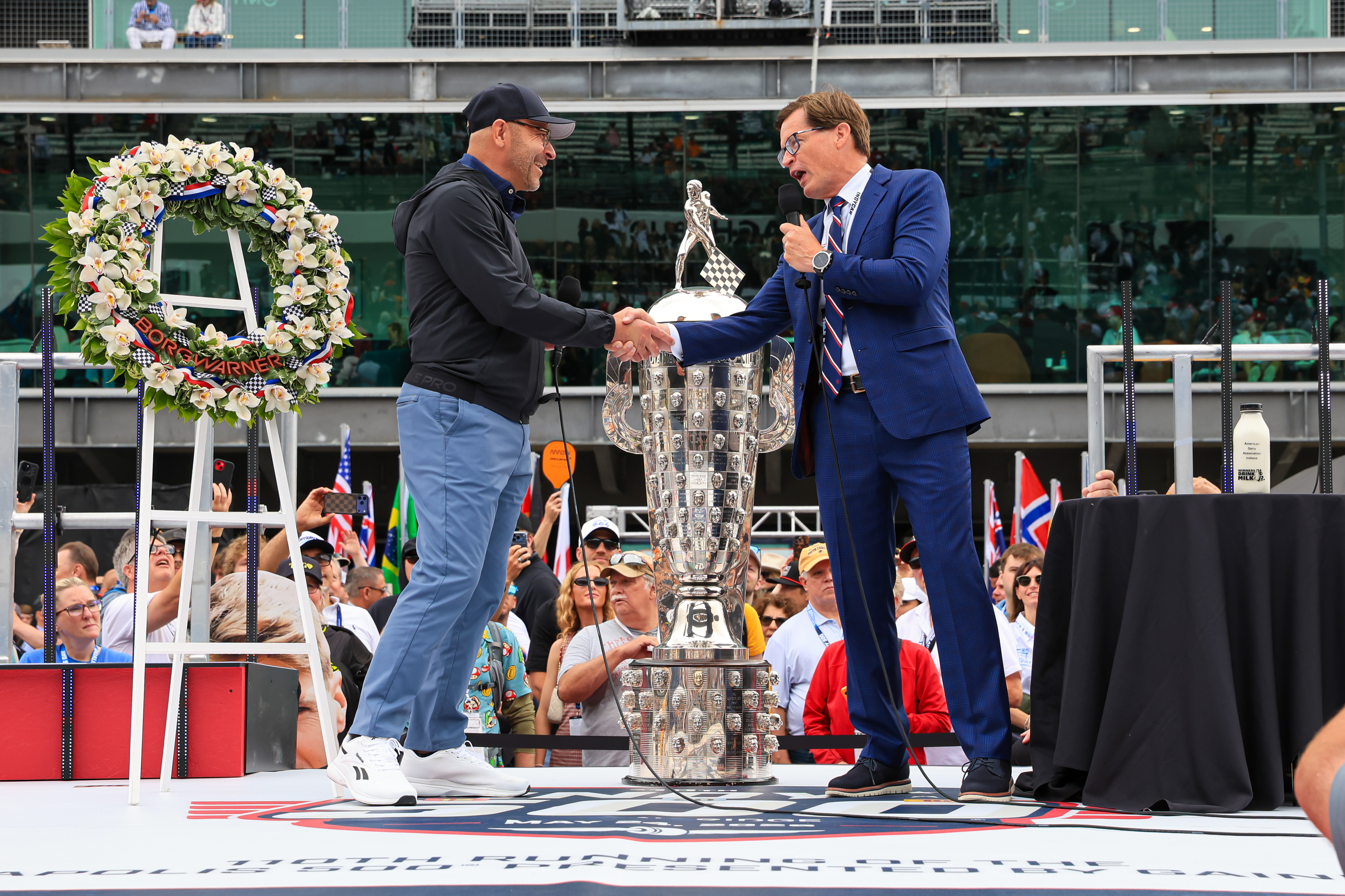 Joseph Fadool and Doug Boles on stage before the 110th Indianapolis 500