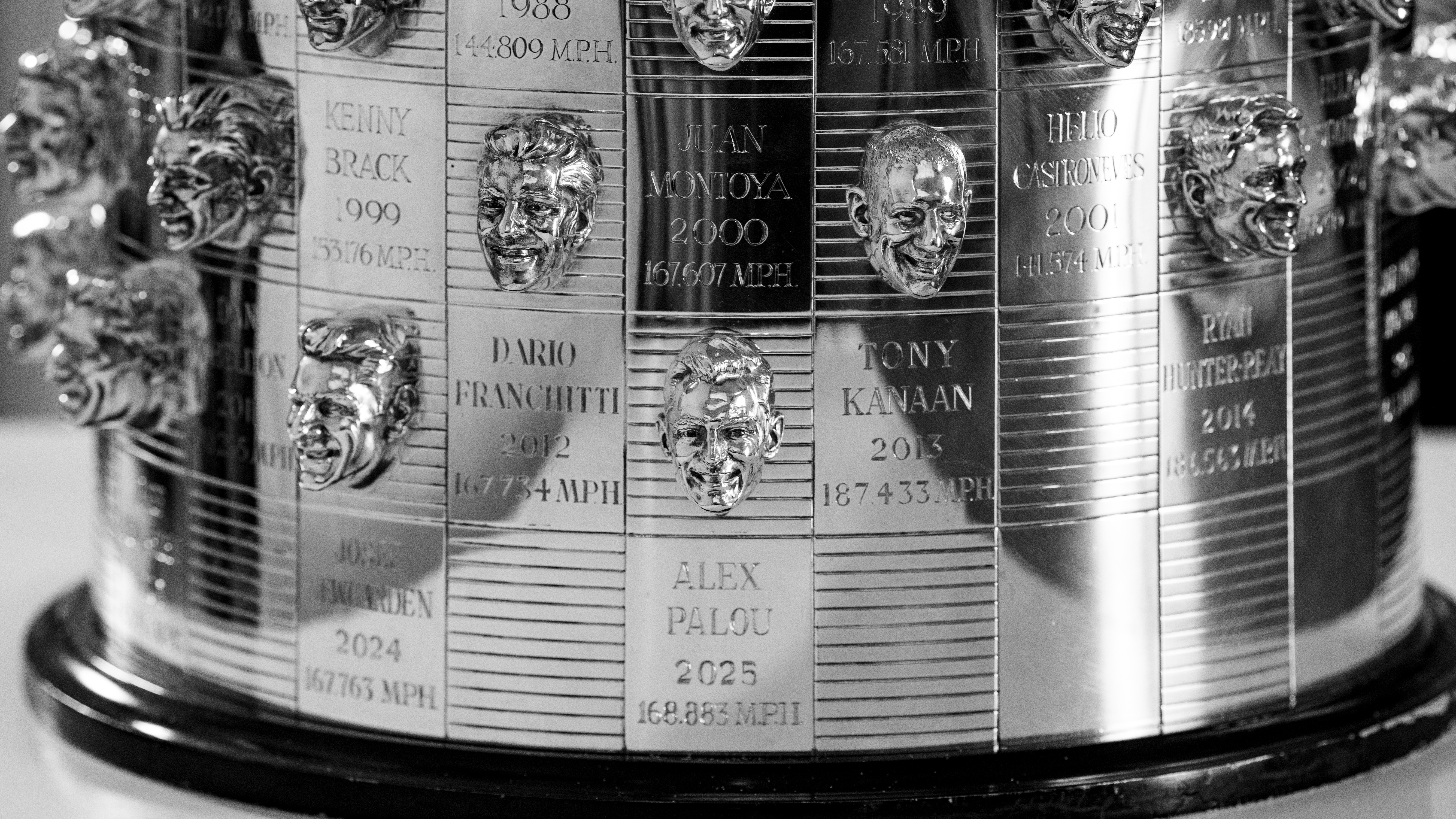 The base of the Borg-Warner Trophy with newly added face of Alex Palou