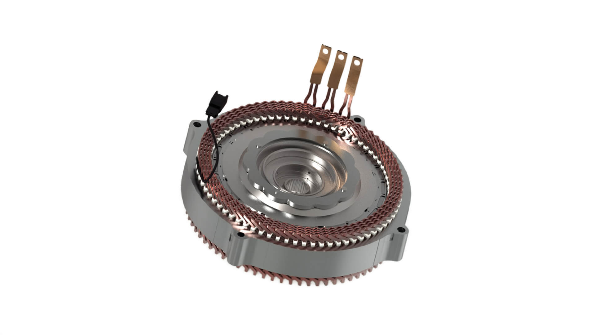 3D rendering of a circular electric motor stator with copper windings and three flat copper terminals