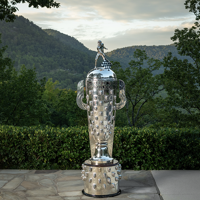 Borg-Warner Trophy with mountains in the background
