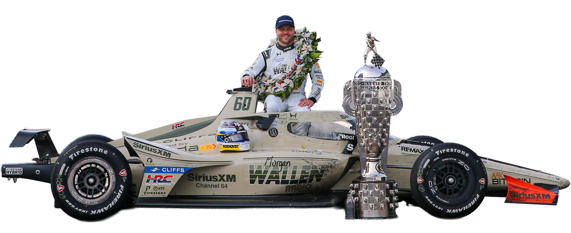 IncyCar driver posing with trophy, car and wreath