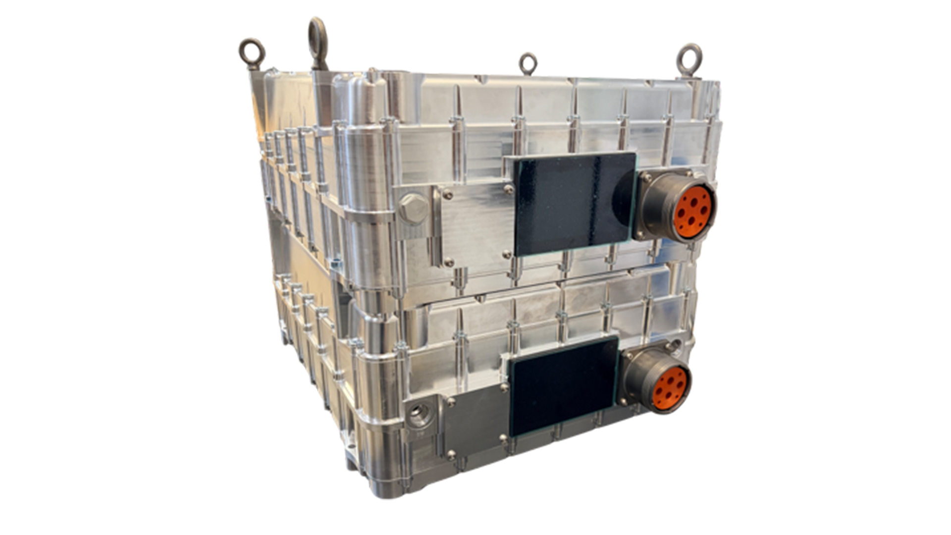 A metallic rectangular device with two black rectangular panels and orange circular connectors on one side
