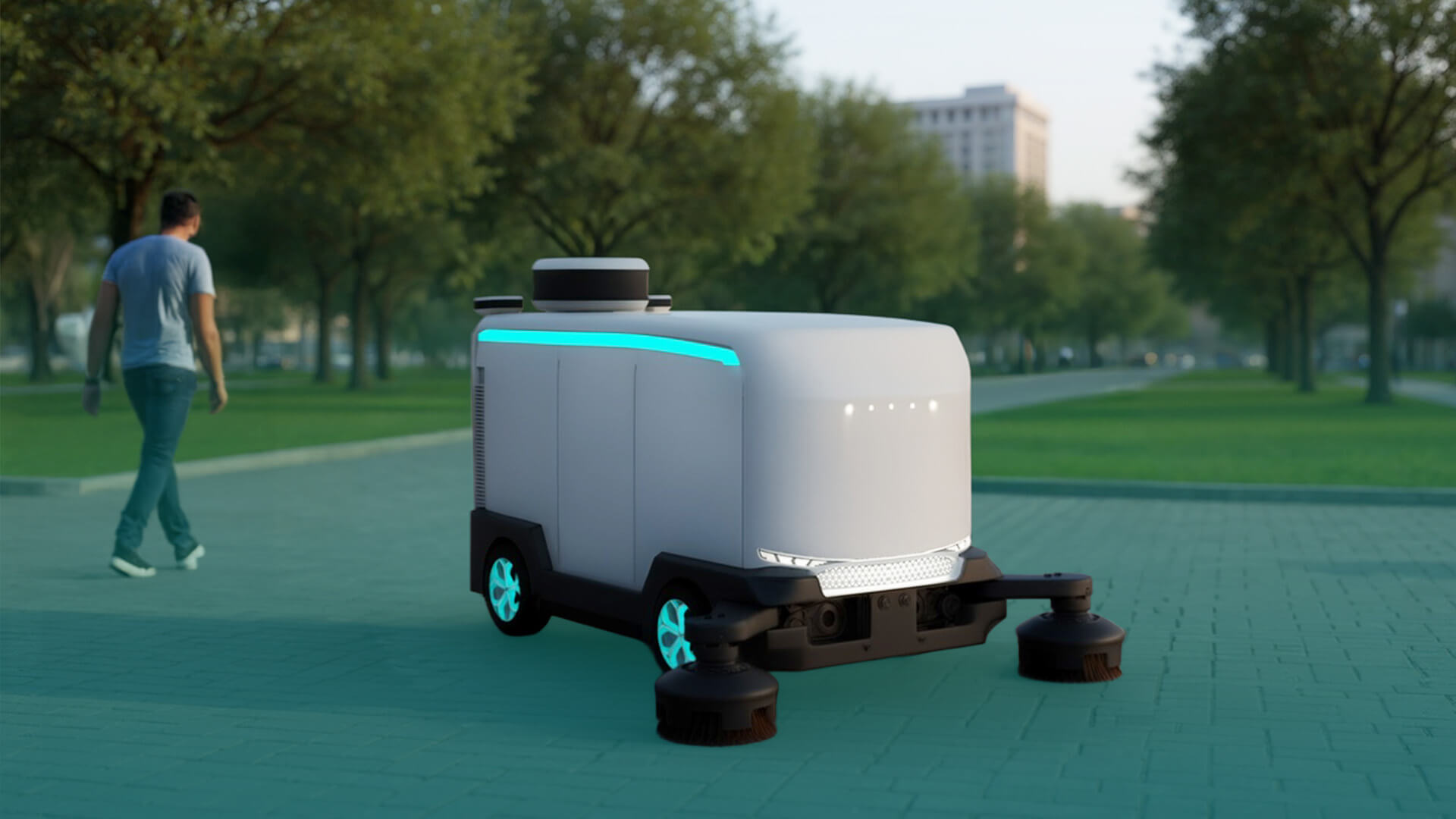 an autonomous sweeping machine cleaning a city's streets by dawn