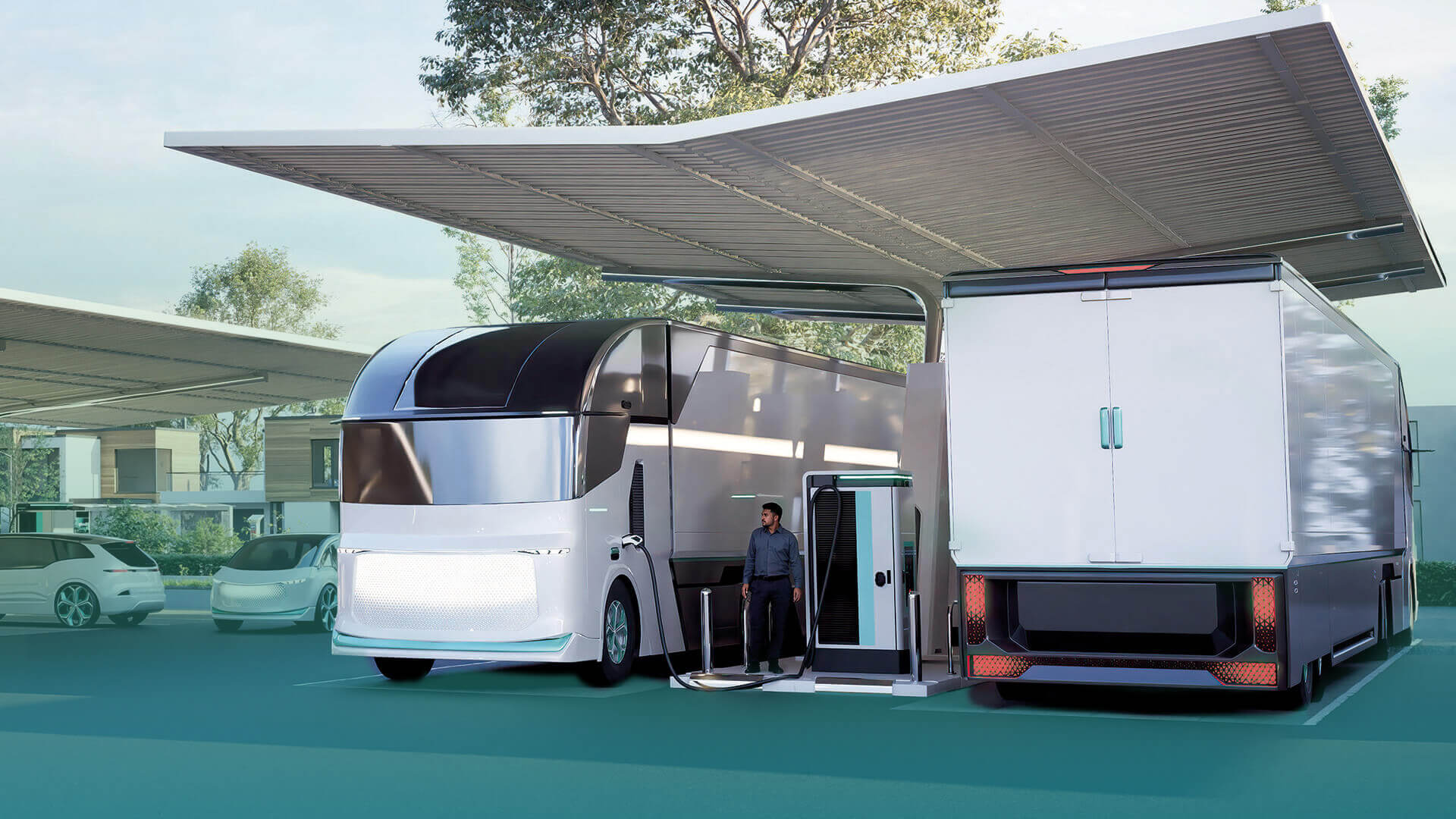 electric trucks charging at a charging station