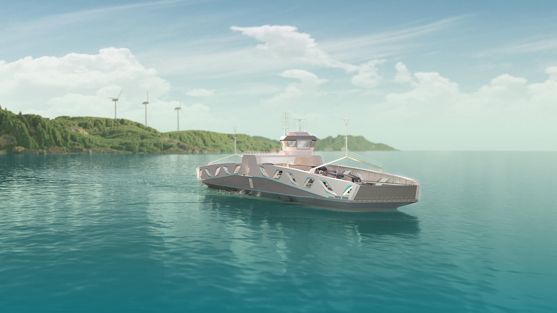 an electrified ferry on the water with the shore behind it