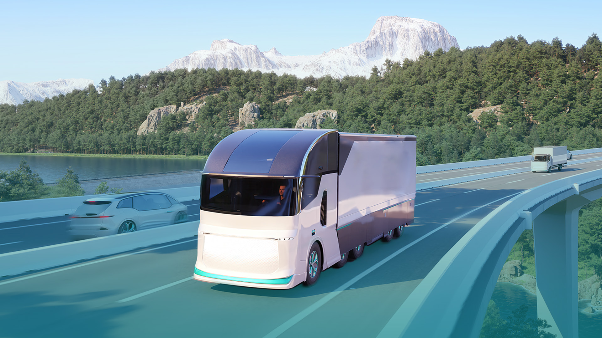 A truck driving on a bridge over a river